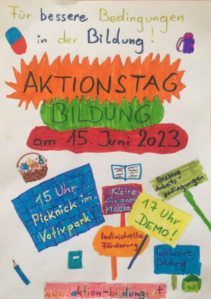 Poster mit Programm und Forderungen am Aktionstag Bildung am 15. Juni 2023.